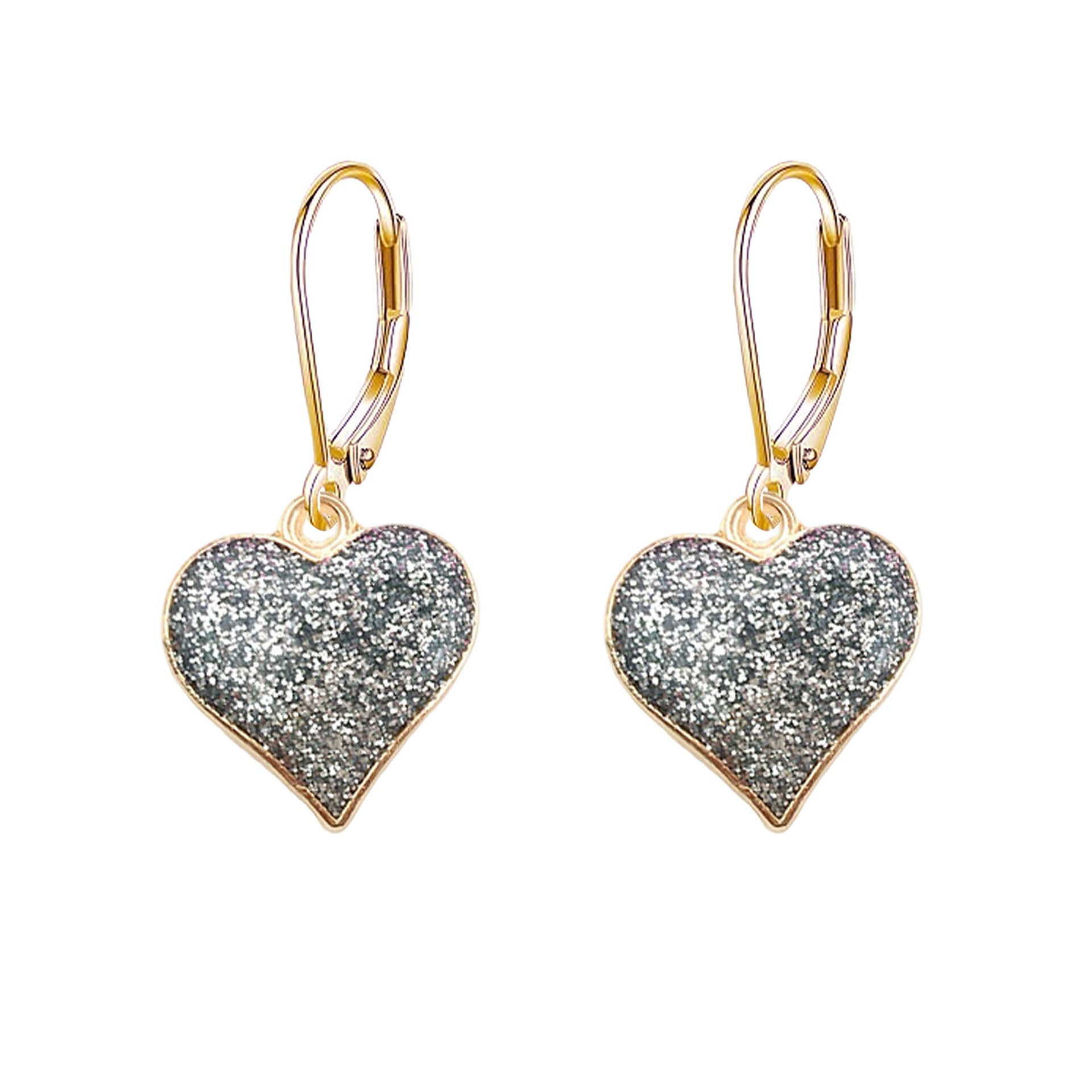 Heart-shaped earrings with glittery gray centers and gold hooks on a white background