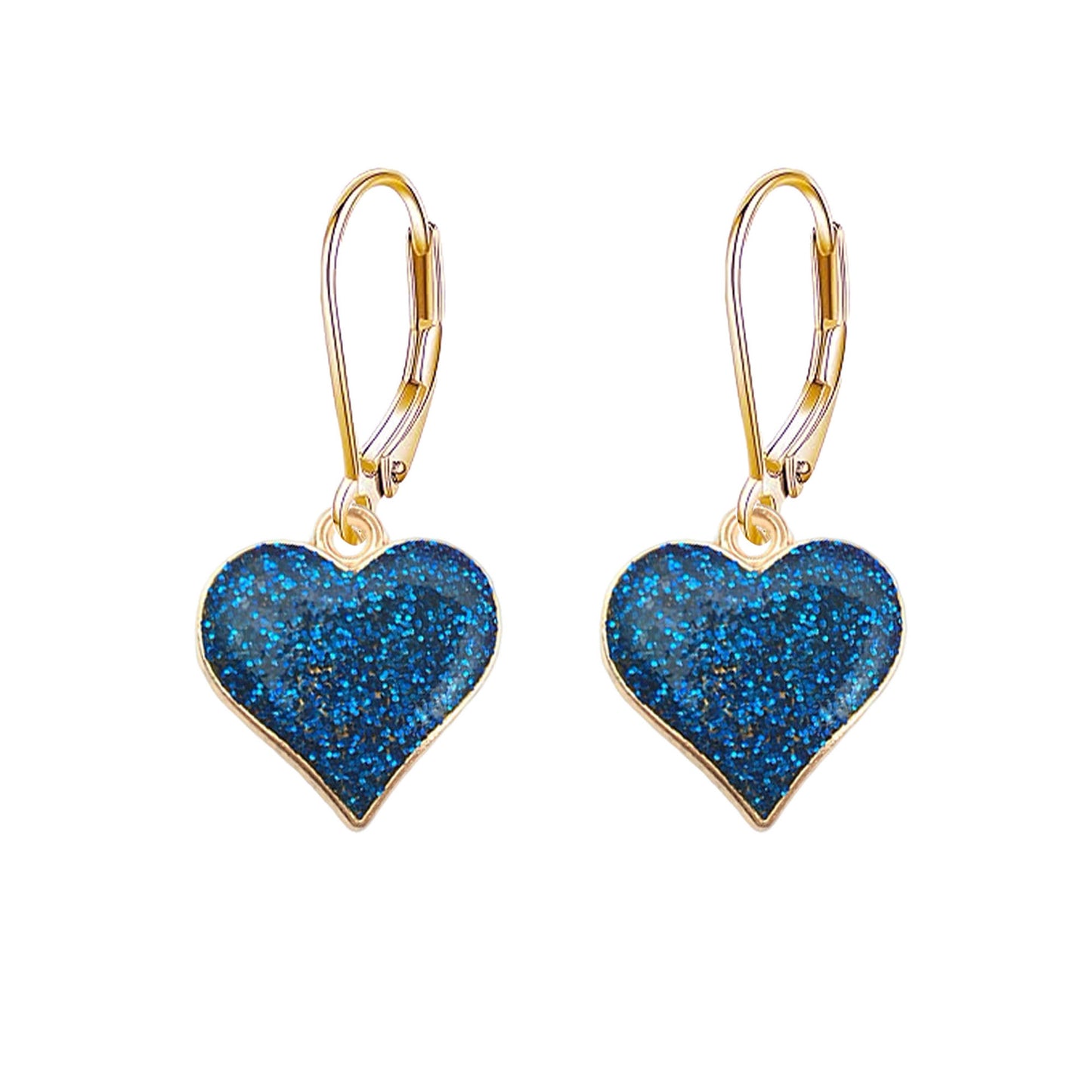 Heart-shaped blue earrings with gold hooks on a white background