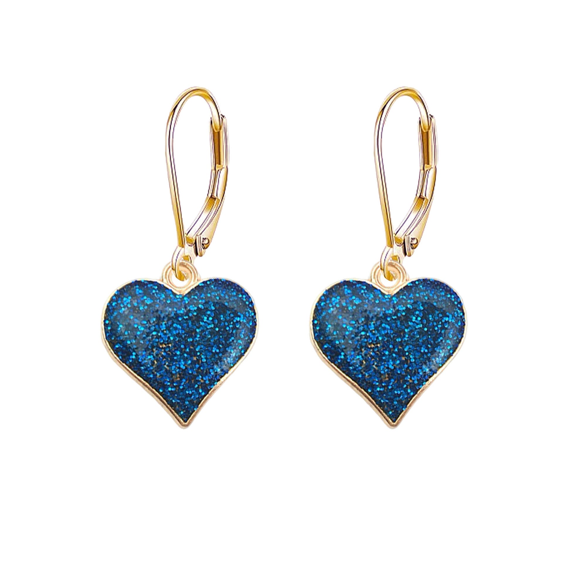 Heart-shaped blue earrings with gold hooks on a white background