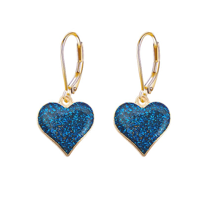 Heart-shaped blue earrings with gold hooks on a white background