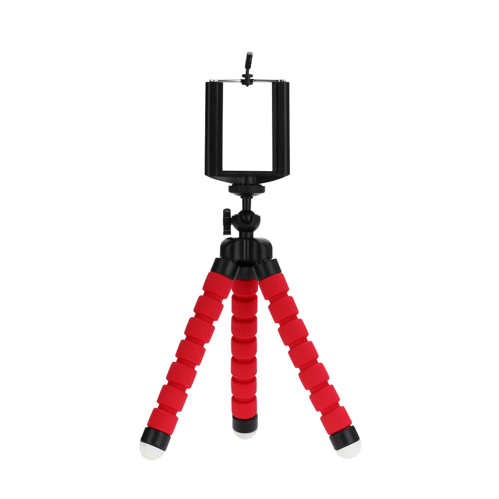 Red and black flexible tripod with smartphone holder on a white background