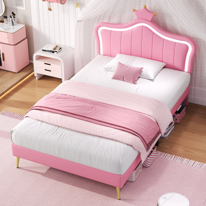 Pink bed with princess headboard in a bedroom setting