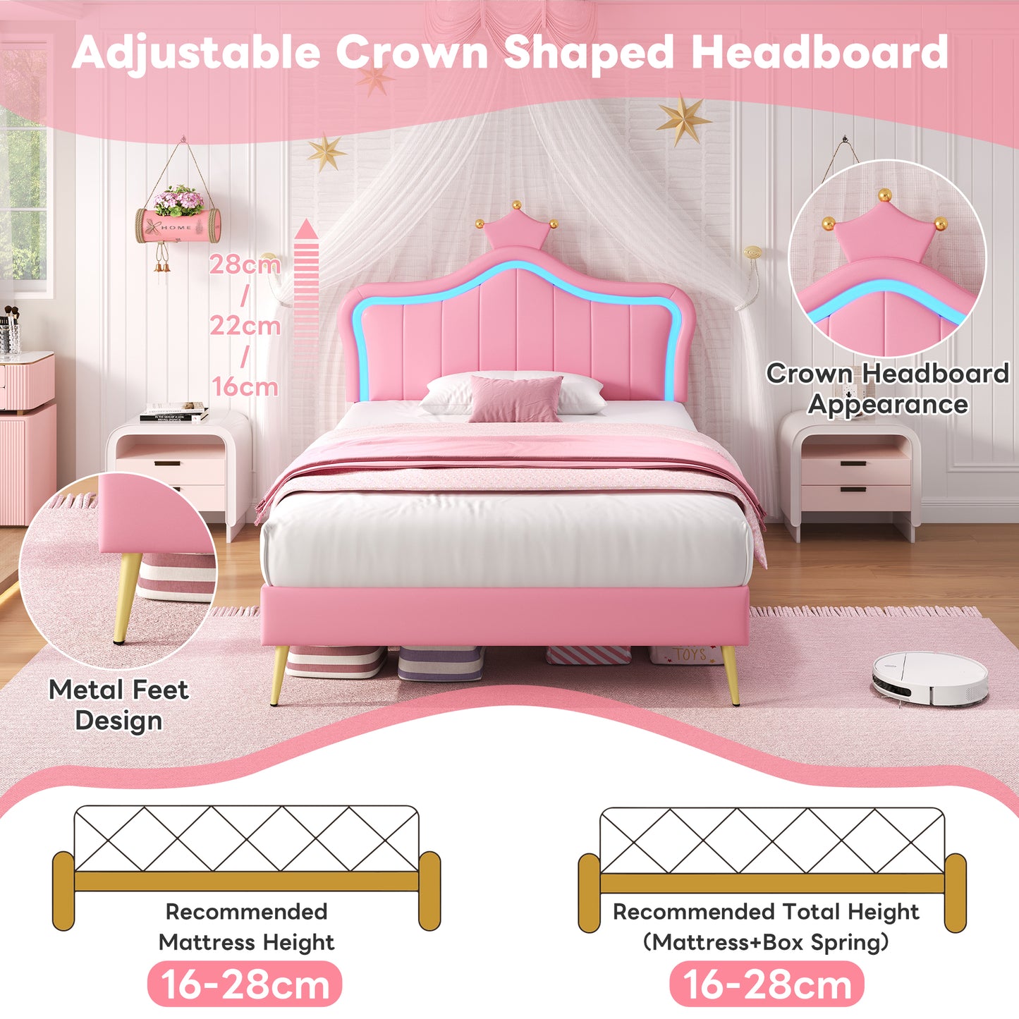 Pink adjustable crown-shaped headboard with measurements and design details in a bedroom setting.