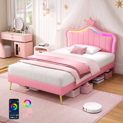 Pink children's bed with LED headboard in a room setting