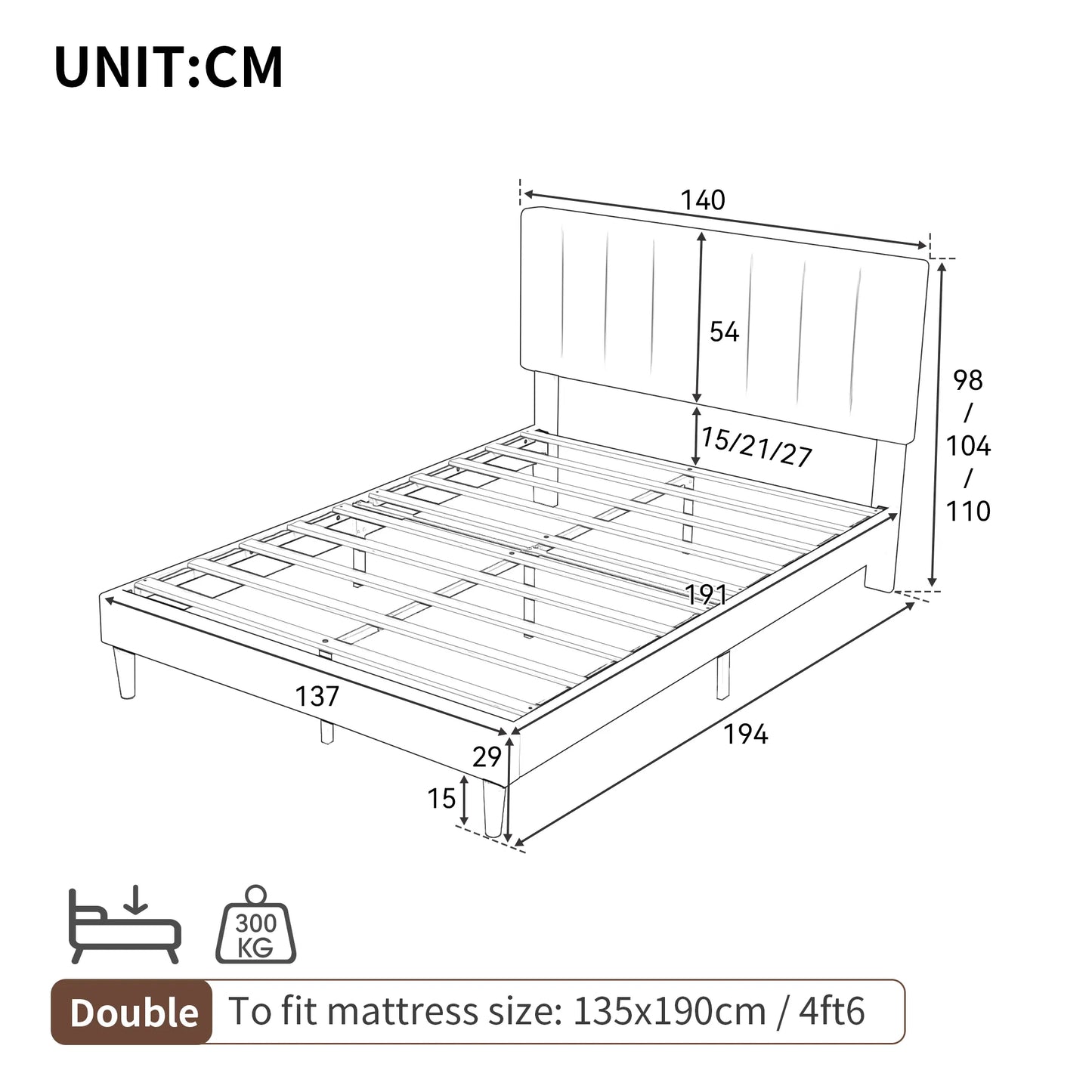 Measurement chart of a wooden bed frame with dimensions in centimeters.