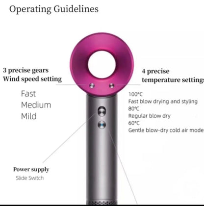 hair dryer with operating guidelines on a white background