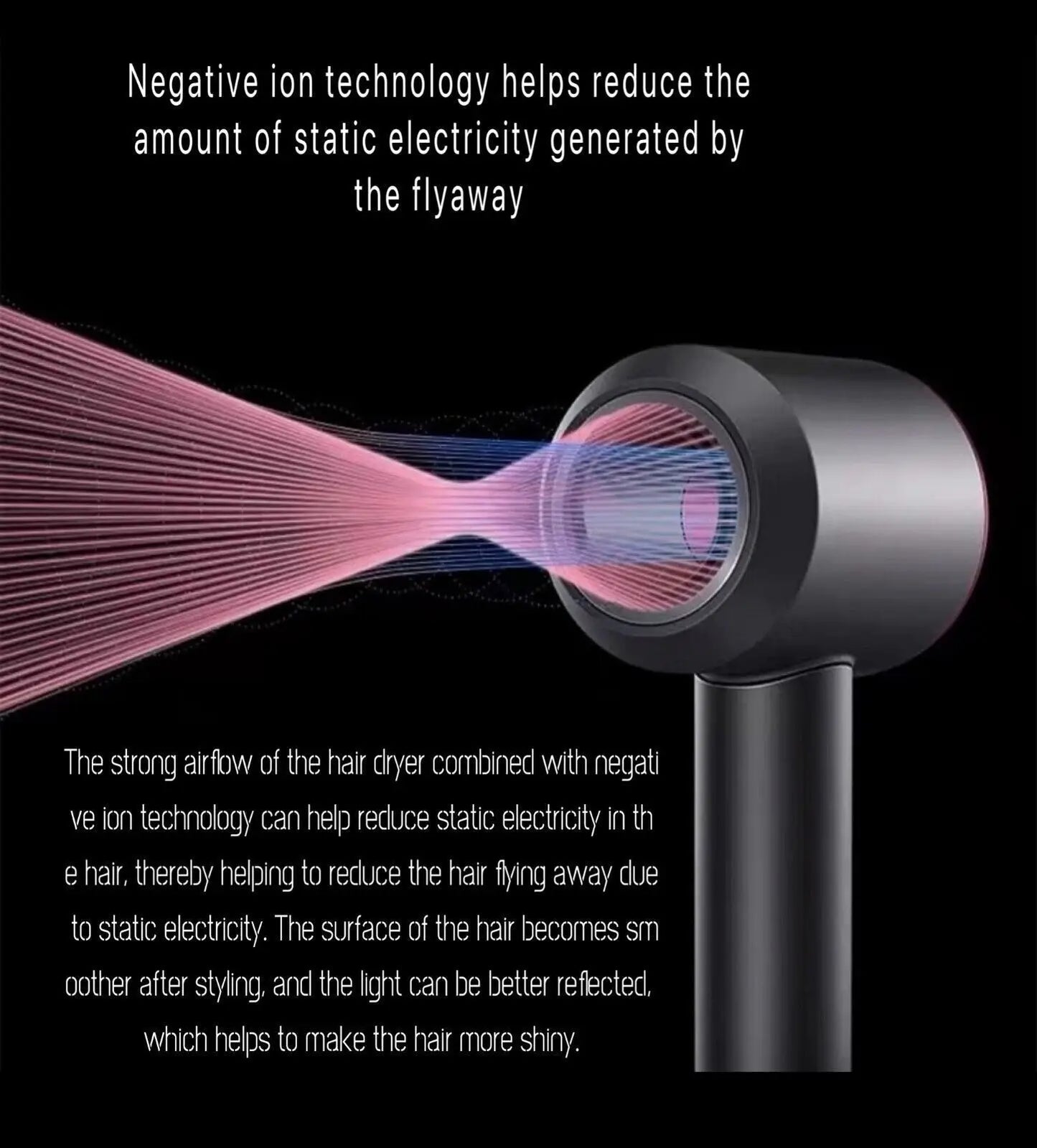 Hair dryer with negative ion technology illustration on a black background