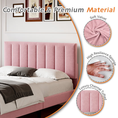 Pink upholstered headboard with comfort and material features highlighted