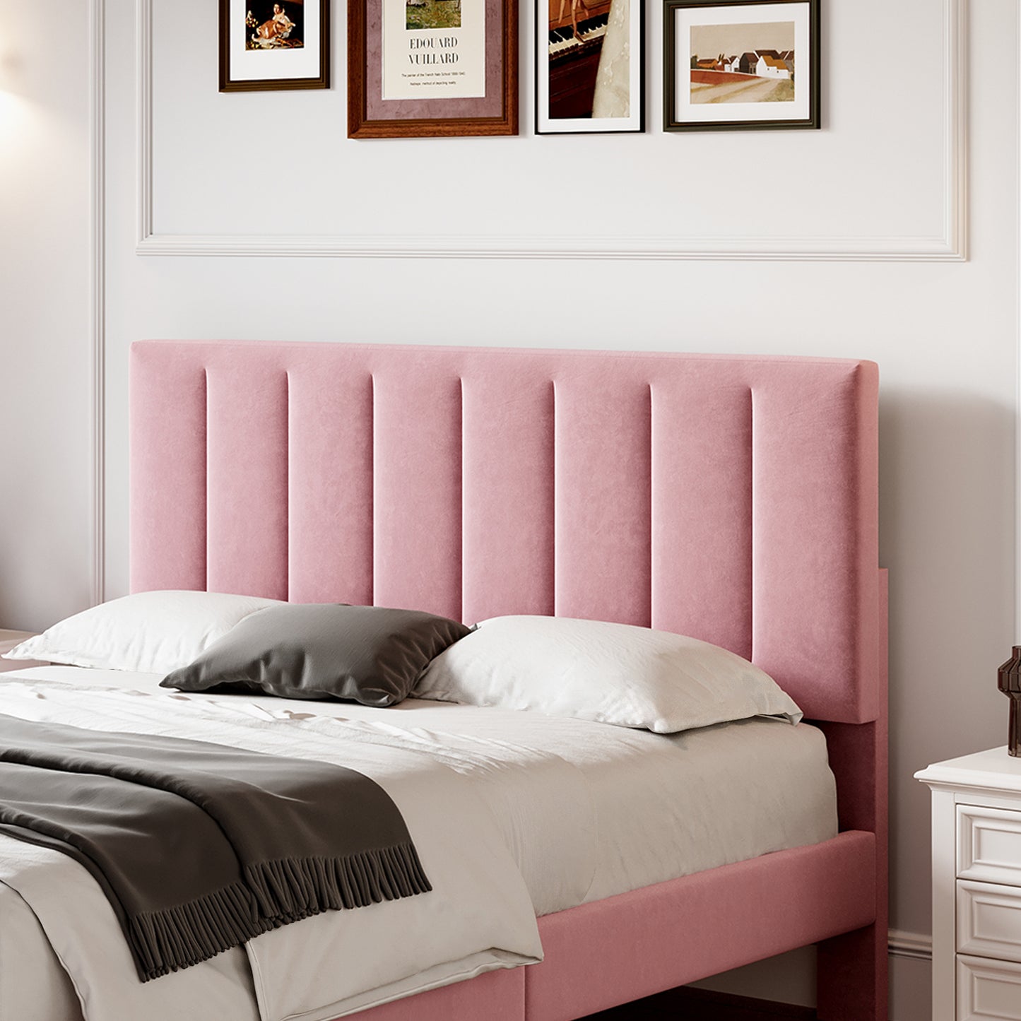 Pink Double Bed Frame with Velvet Headboard