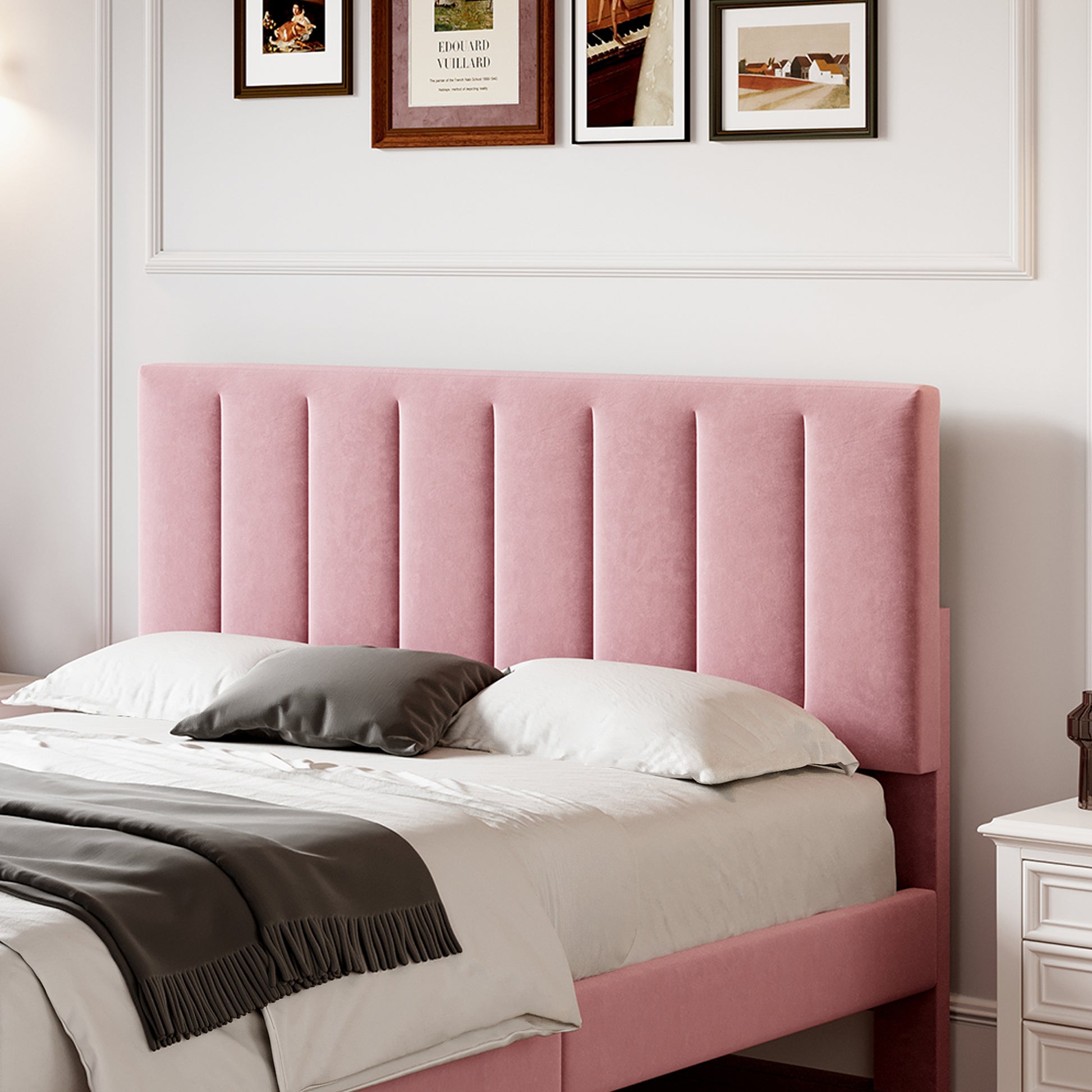 Pink Double Bed Frame with Velvet Headboard