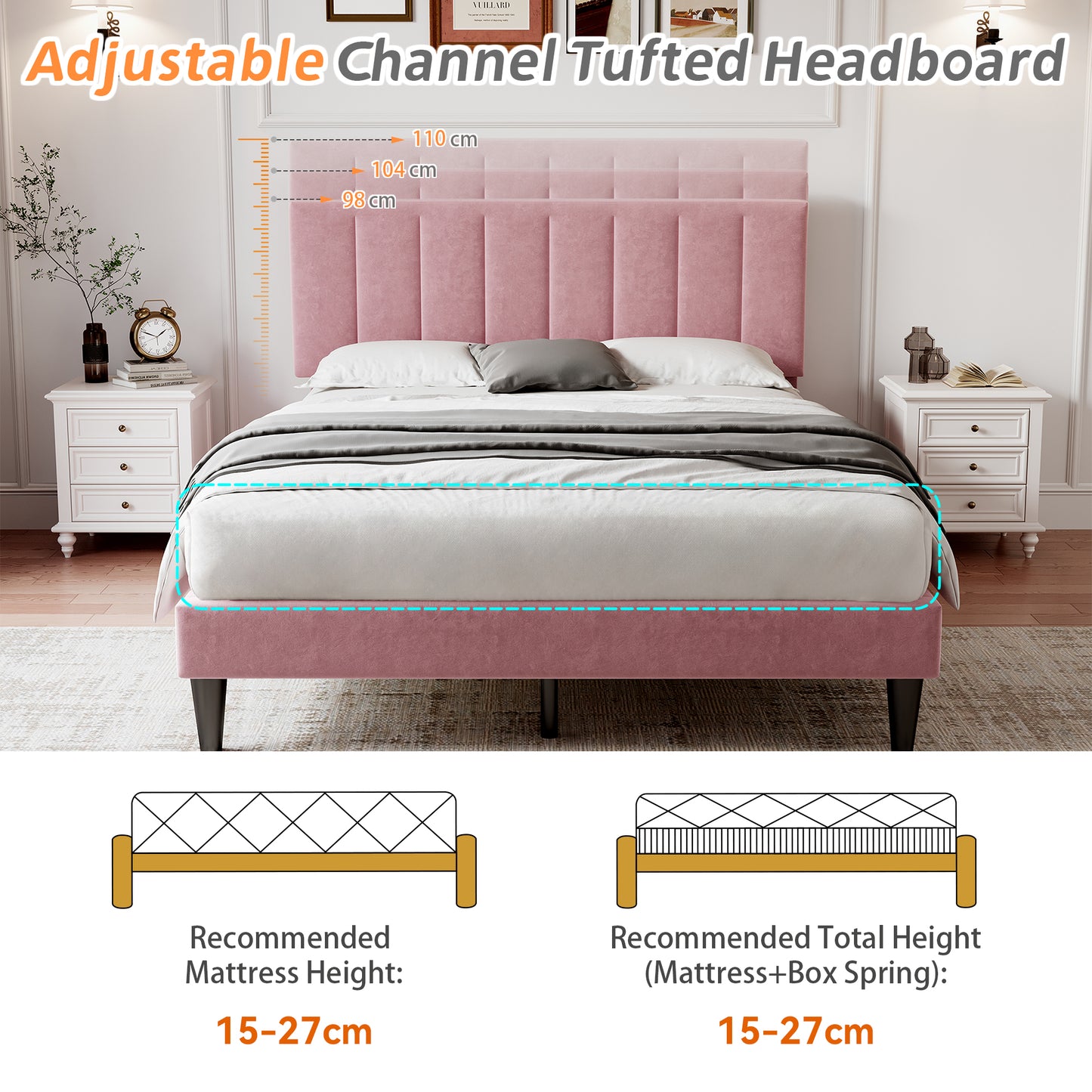 Pink Double Bed Frame with Velvet Headboard