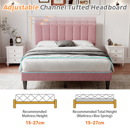 Pink Double Bed Frame with Velvet Headboard