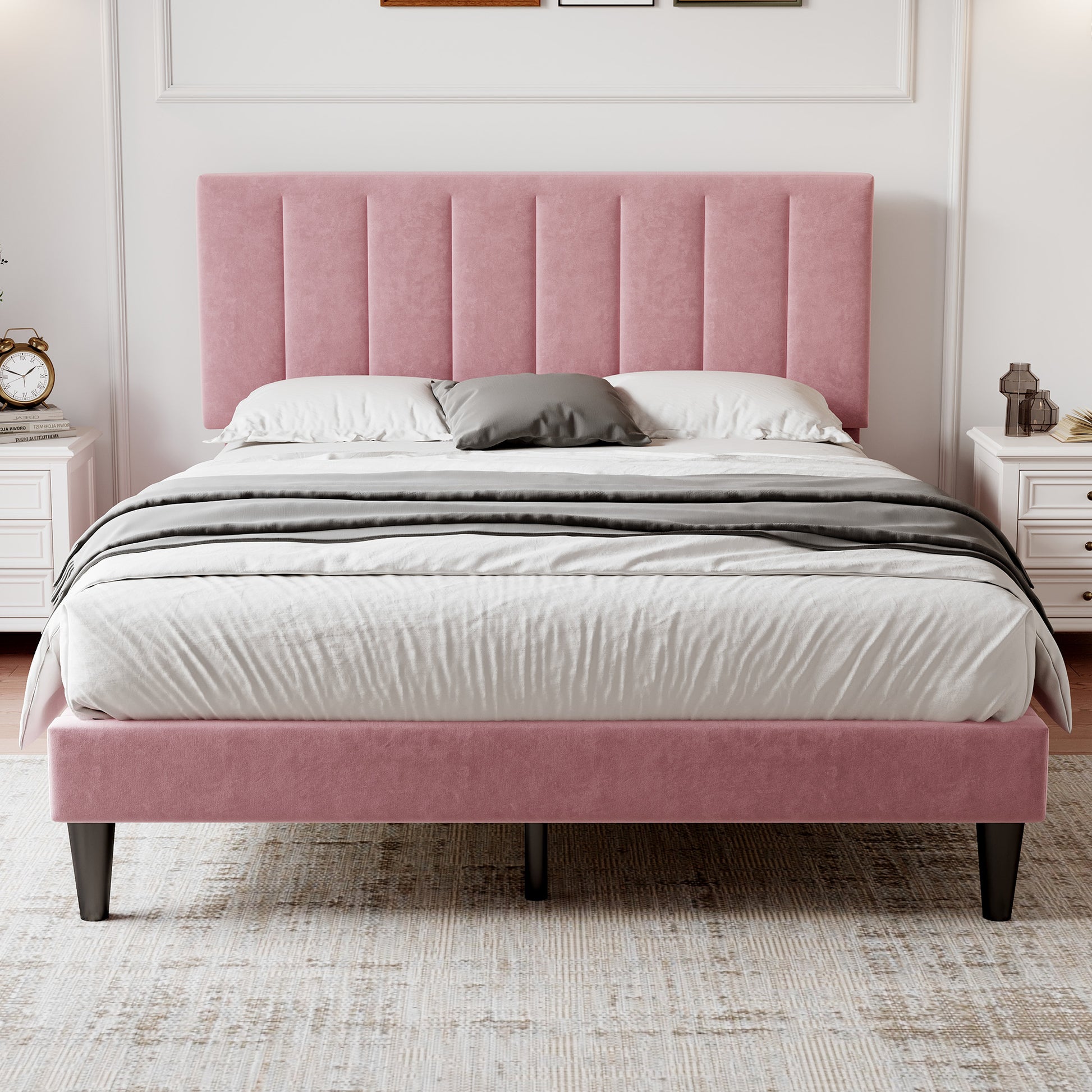 Pink Double Bed Frame with Velvet Headboard
