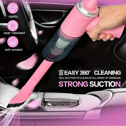 Pink car vacuum cleaner being used inside a car with features highlighted on the left.