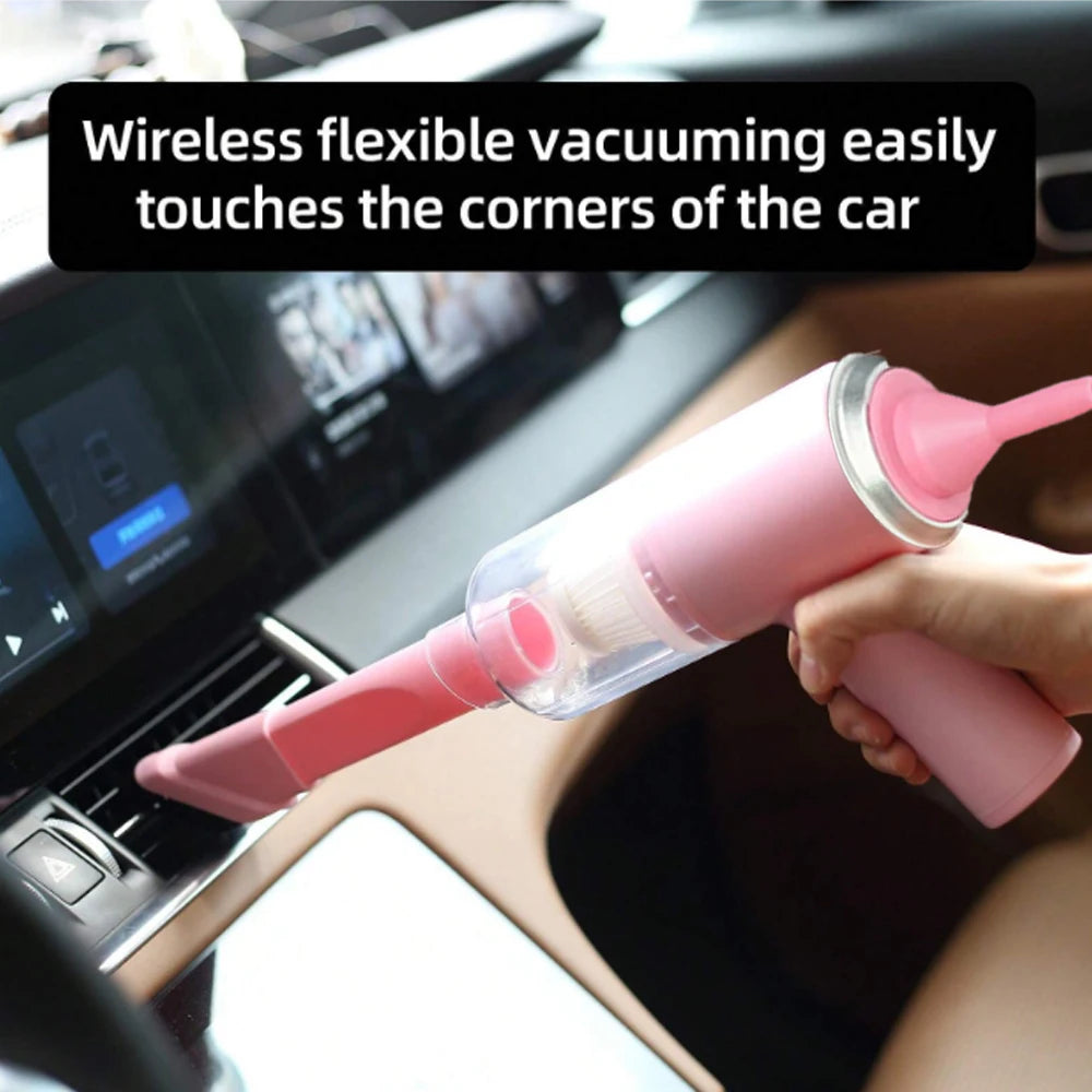Pink handheld vacuum being used inside a car with text about wireless flexibility.