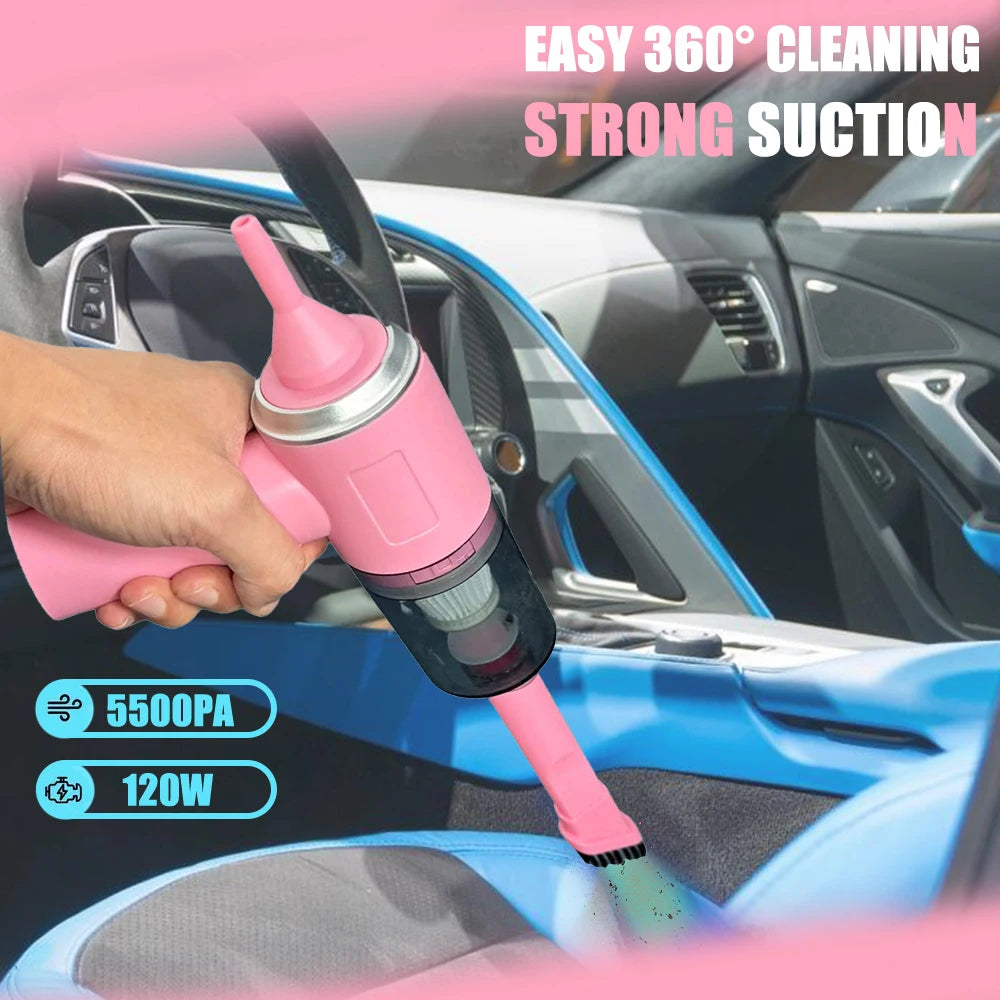 Pink car cleaning tool being used inside a car with text highlighting features.