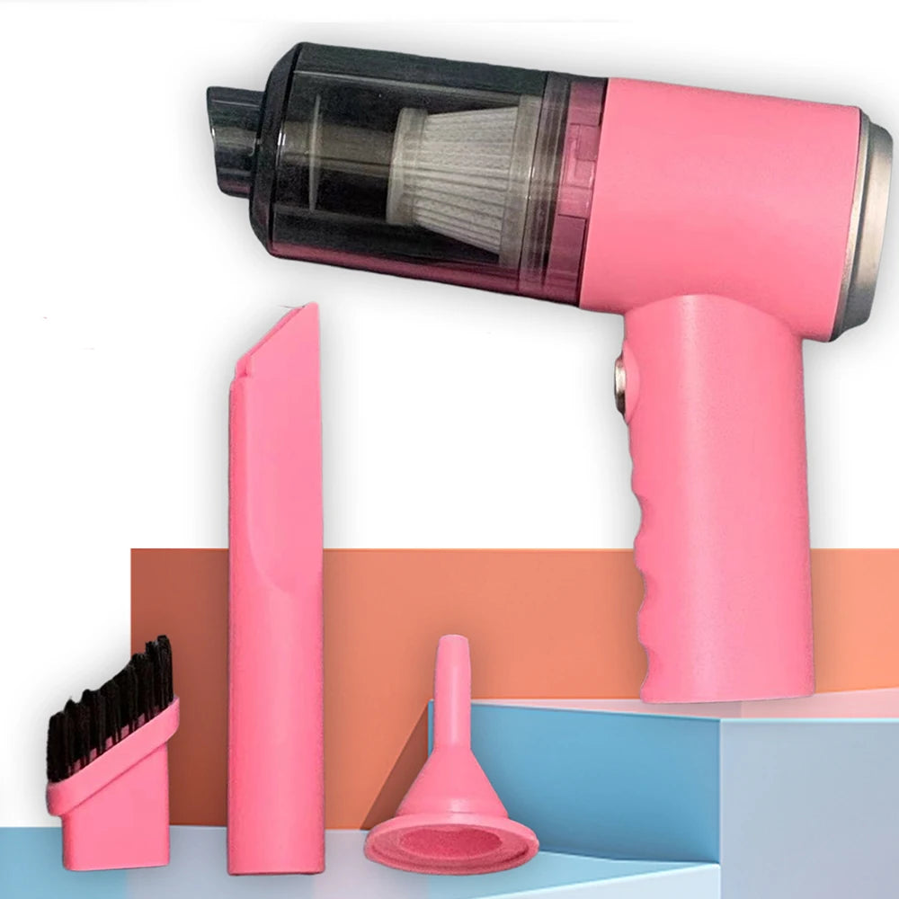 Pink handheld vacuum cleaner with attachments on a colorful background
