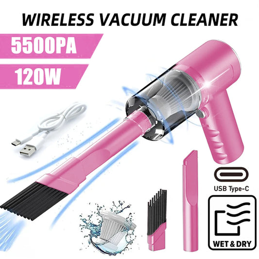 Pink wireless vacuum cleaner with attachments on a white background