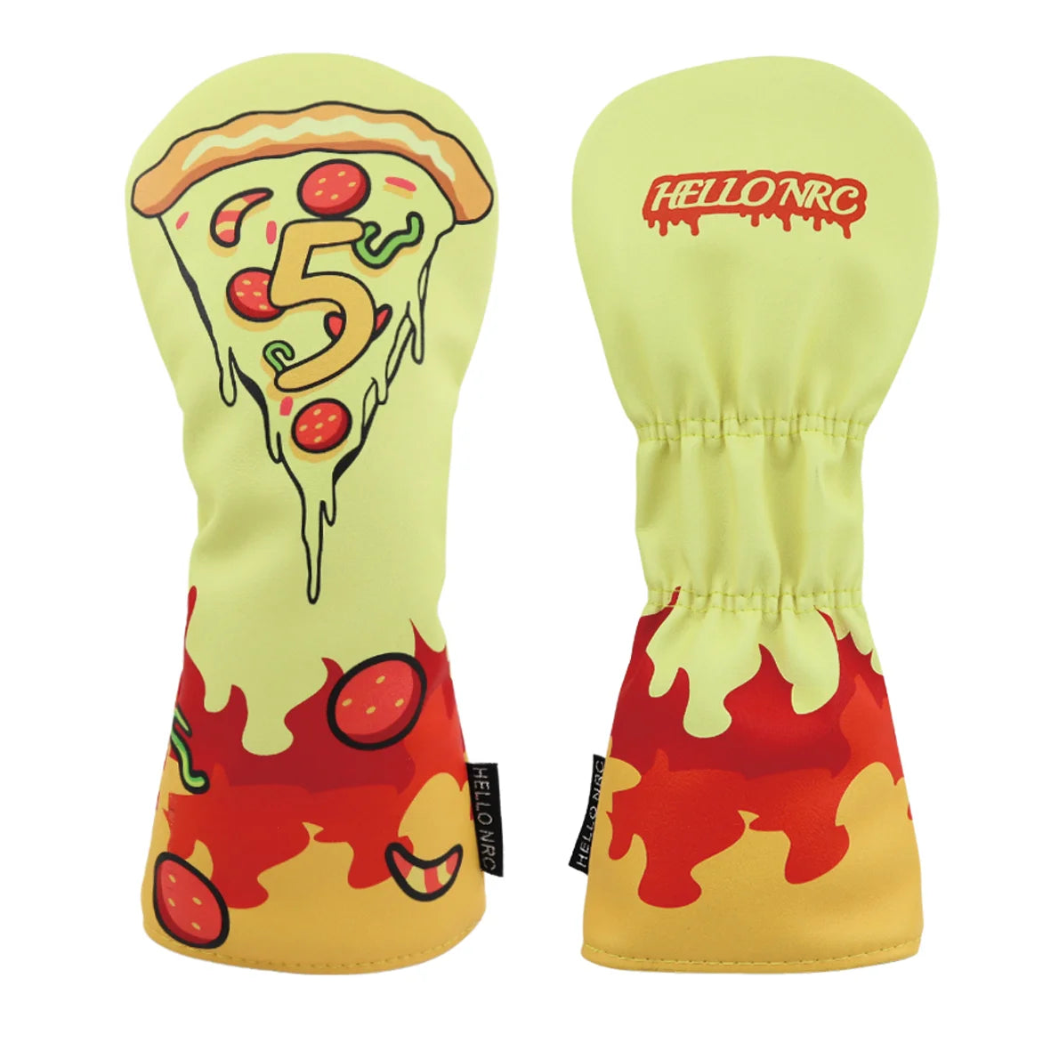 Pair of yellow golf club head covers with pizza design and 'HELLO NRC' branding.