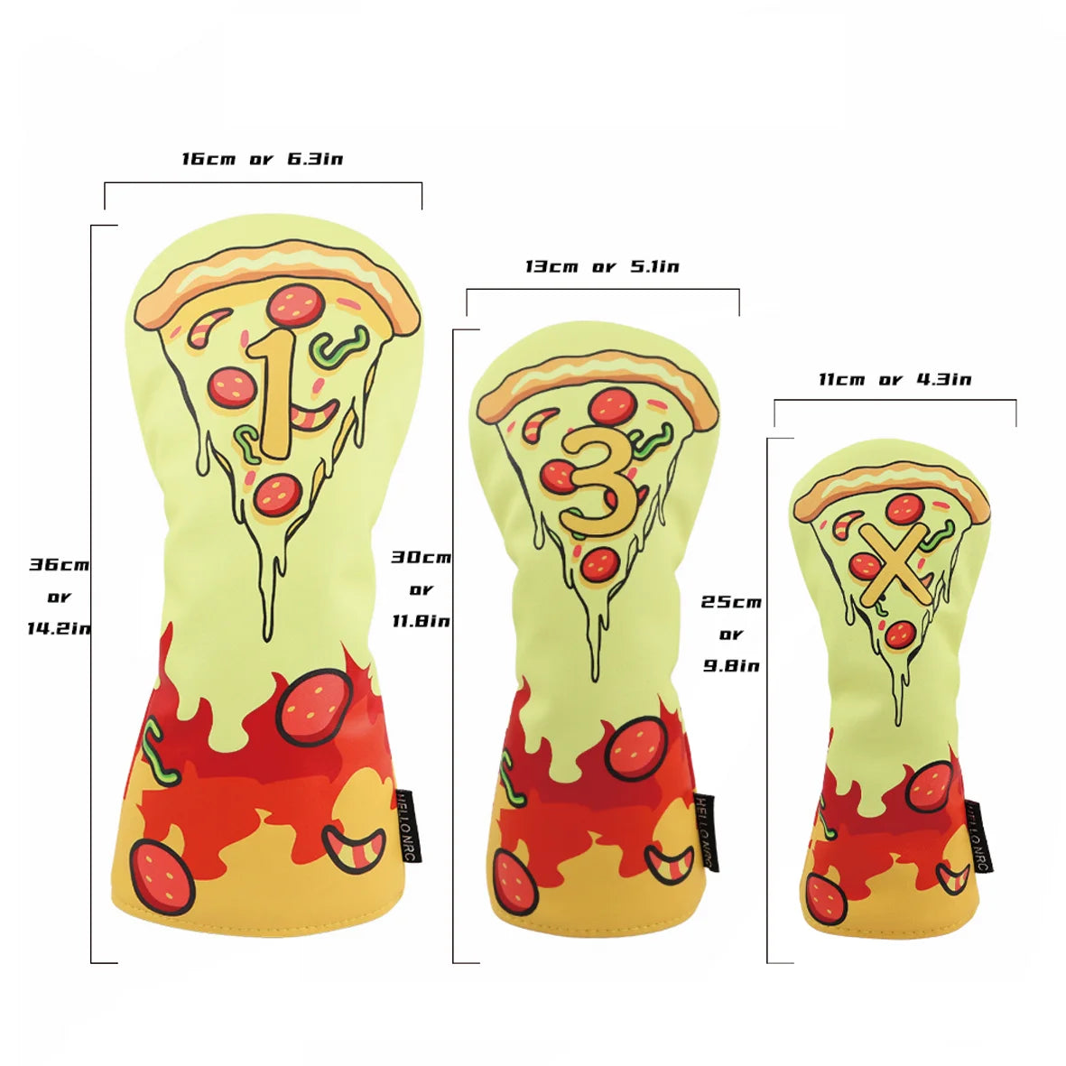 Three pizza-themed golf club covers with measurements on a white background