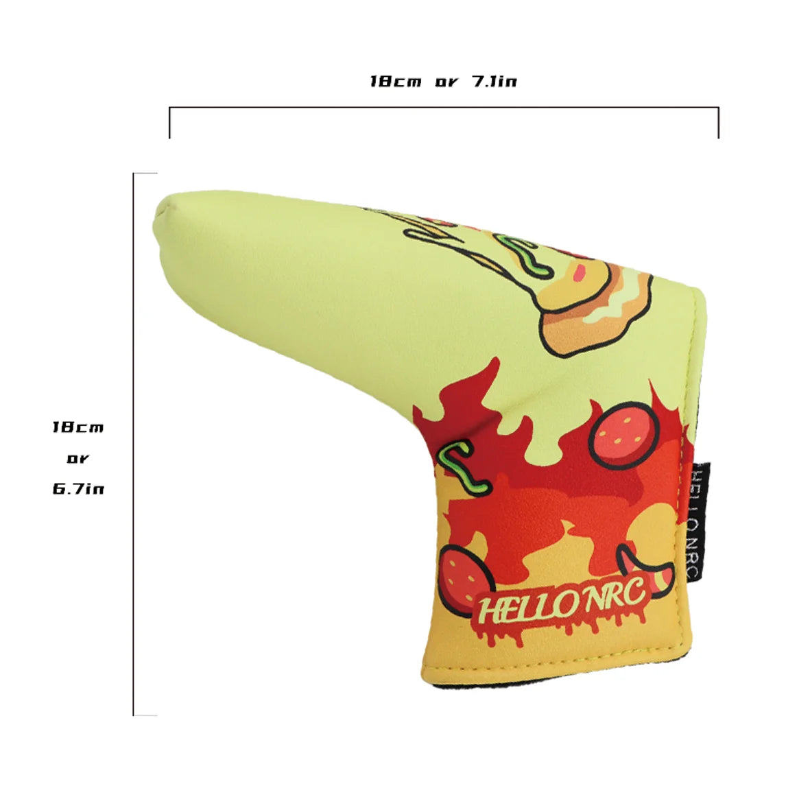 Golf club head cover with pizza design and HELONRC branding, shown with dimensions.