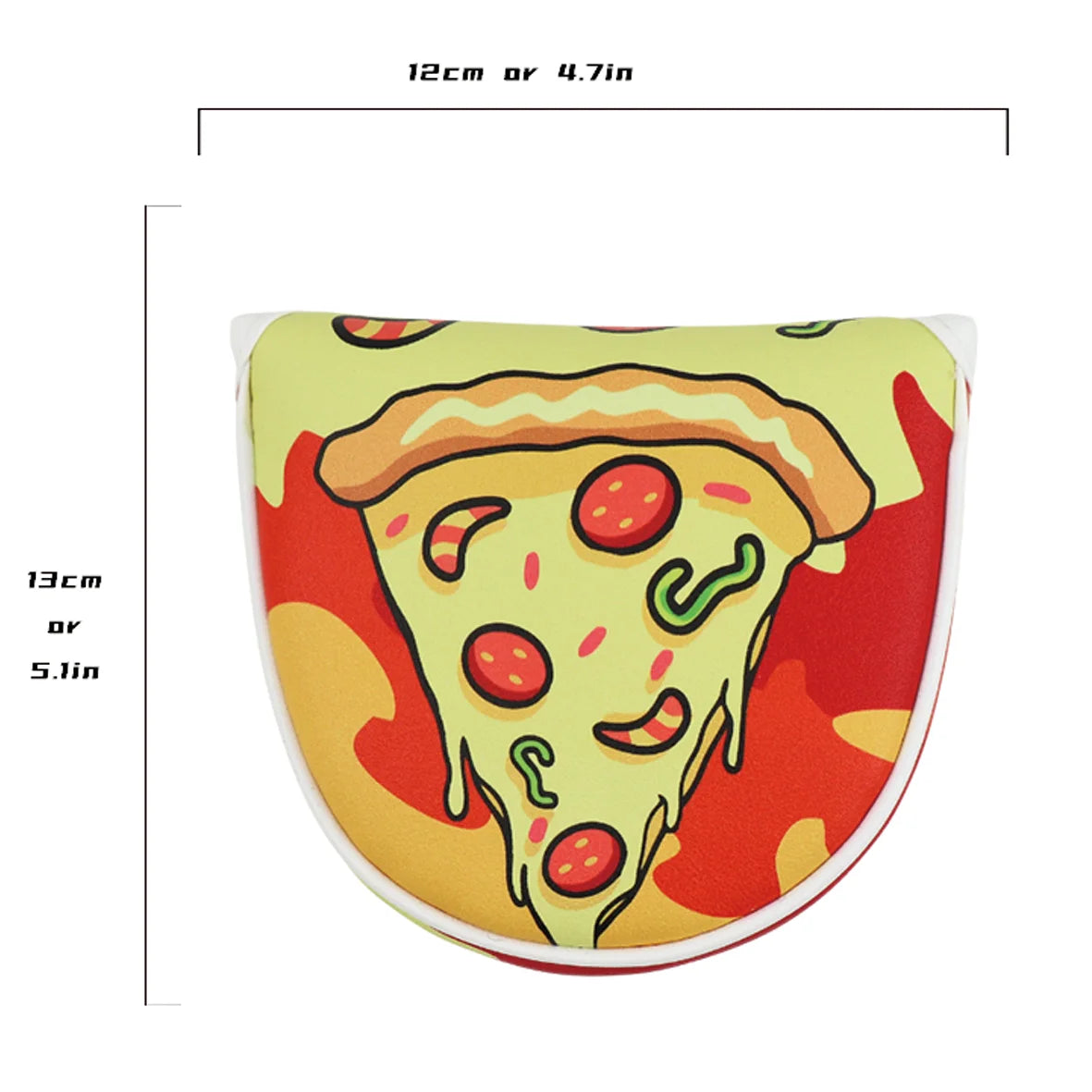 Pizza-shaped object with dimensions indicated on a white background