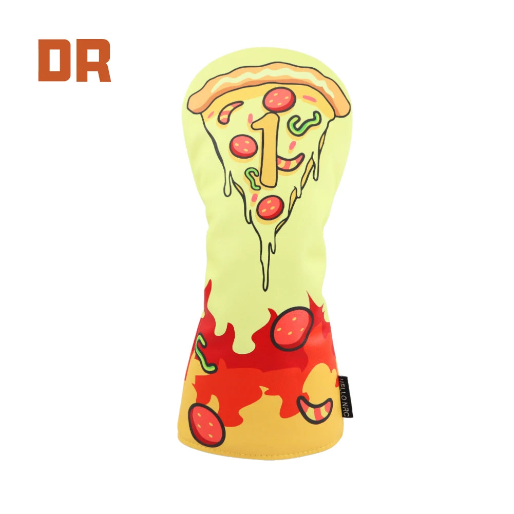 Pizza-themed golf club head cover with 'DR' branding on a white background