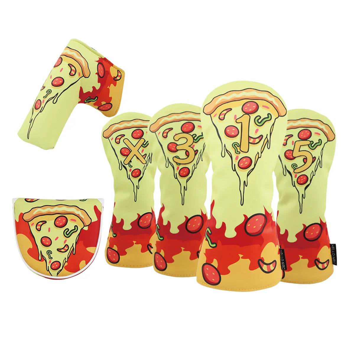 Set of golf club covers with pizza design on a white background