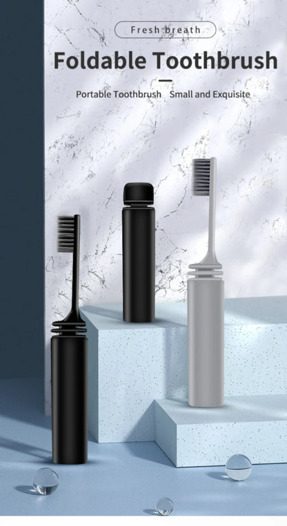 Foldable toothbrushes in black and white on a light gray background with 'Fresh Breath' branding.