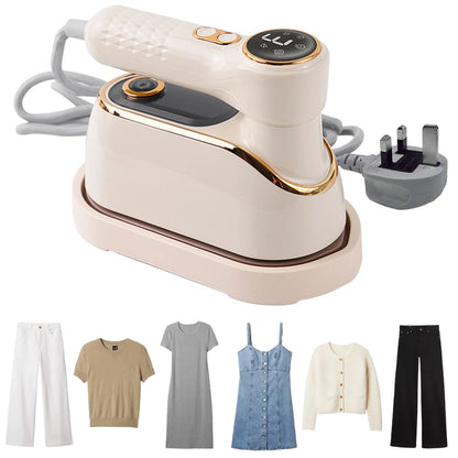 Portable clothes iron with power cord and plug, surrounded by clothes on a white background