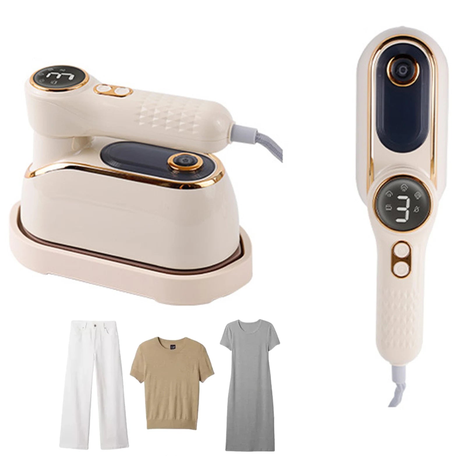 White handheld device with digital display and power button, accompanied by three clothing items on a white background.