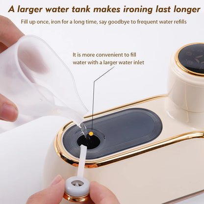 Person filling a larger water tank into an iron with text about convenience and water refills.