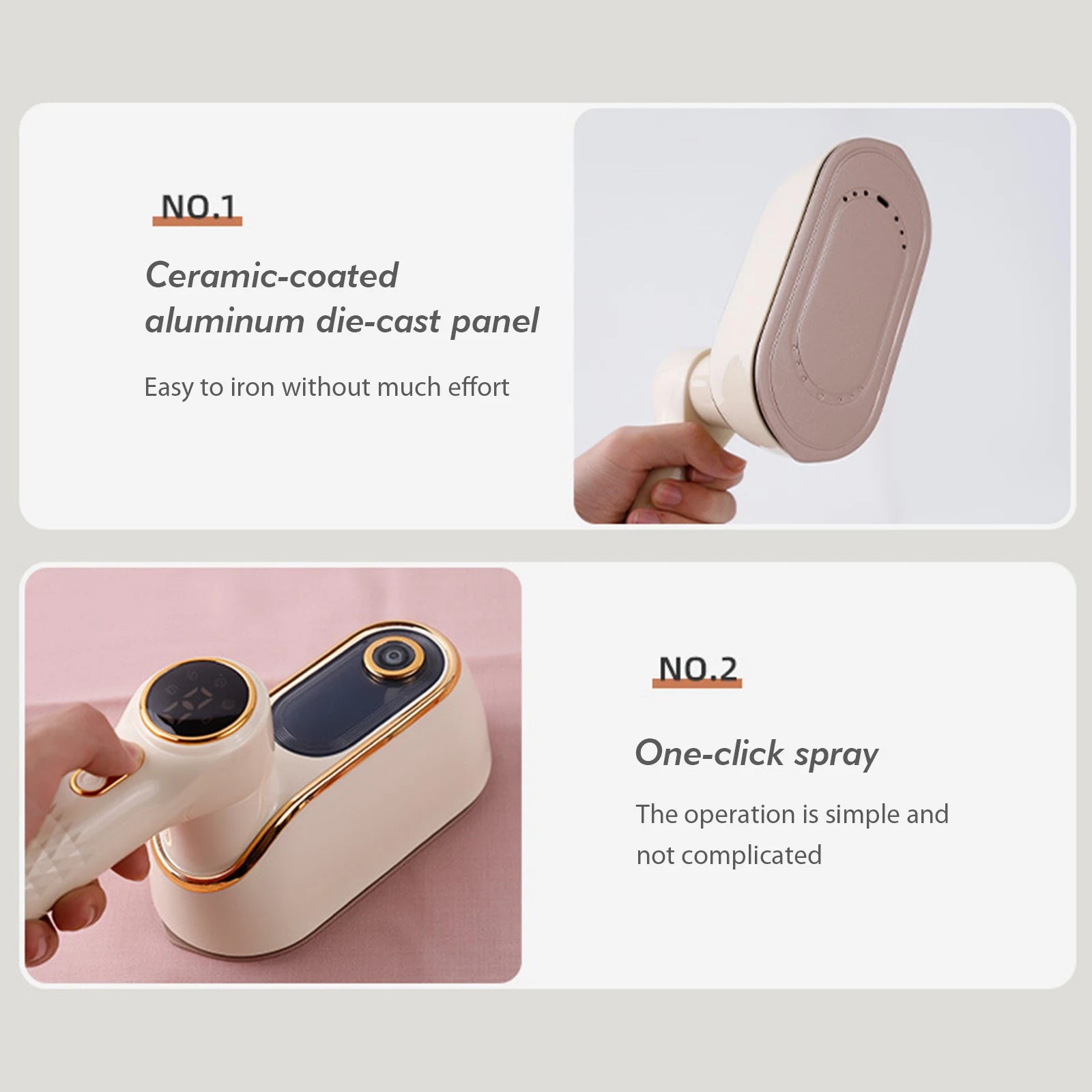 Handheld device with ceramic-coated aluminum die-cast panel and one-click spray feature on a light gray background.