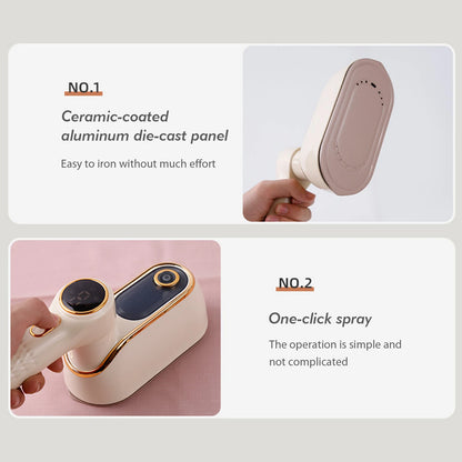 Handheld device with ceramic-coated aluminum die-cast panel and one-click spray feature on a light gray background.