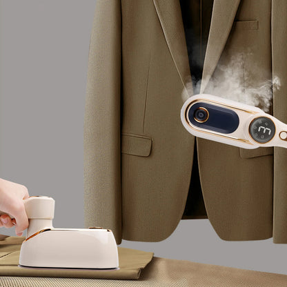 Person using a handheld steamer on a brown jacket against a gray background