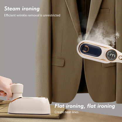 Person using a steam iron on a brown jacket with text about steam ironing efficiency.