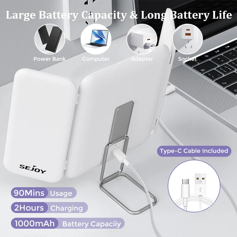 SEJOY power bank with charging stand on a desk with laptop and icons indicating usage and features.