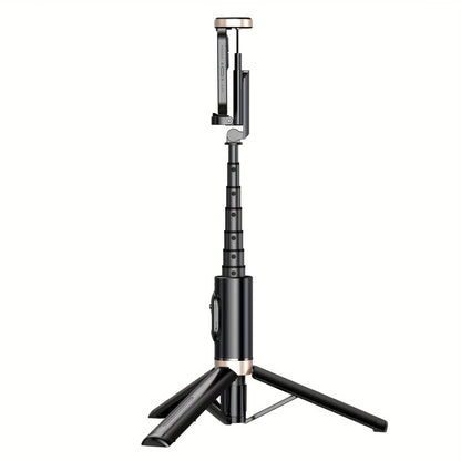 Black and rose gold selfie stick with tripod attachment on a white background