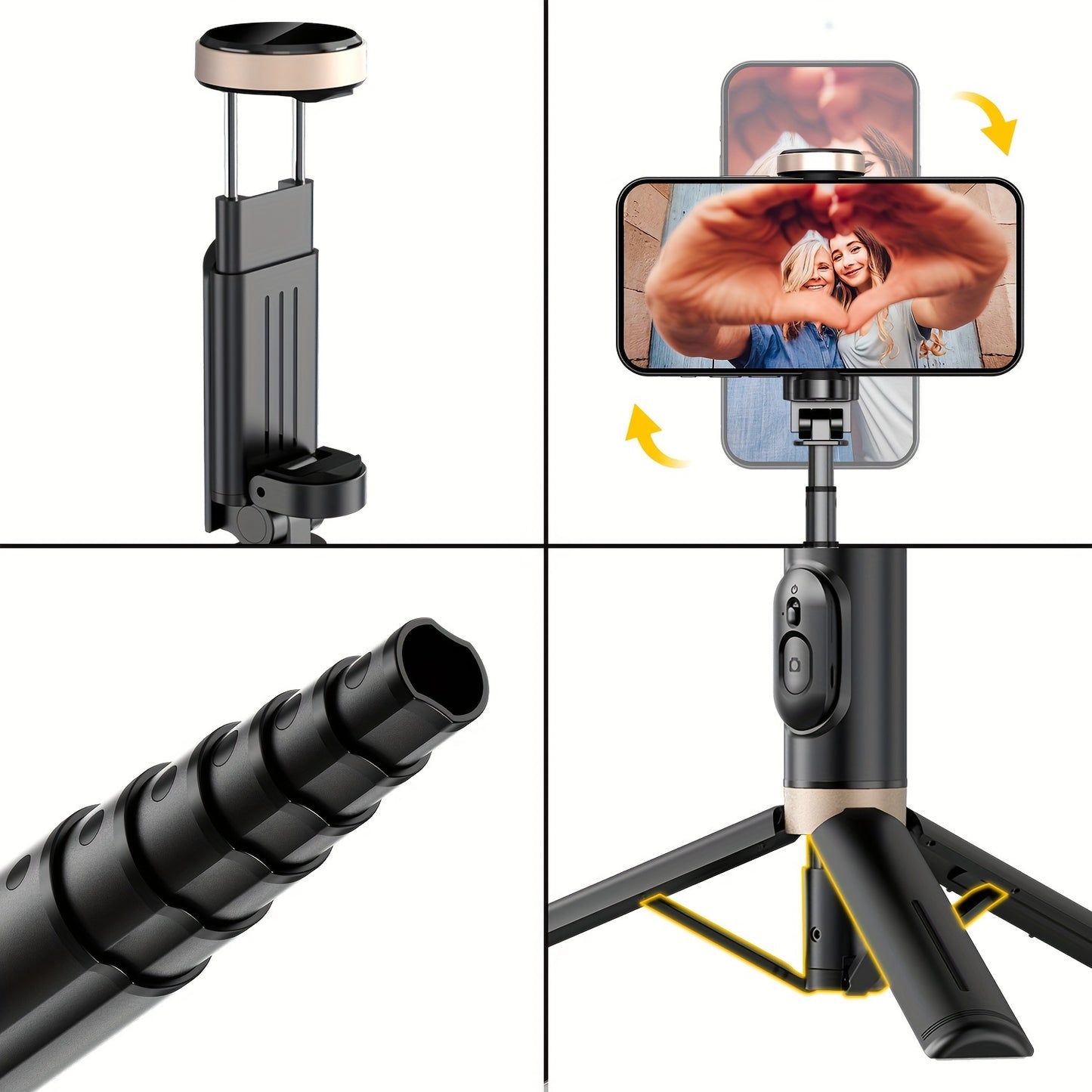 Smartphone holder with detachable ring light and tripod, showing smartphone screen with hands holding a phone.