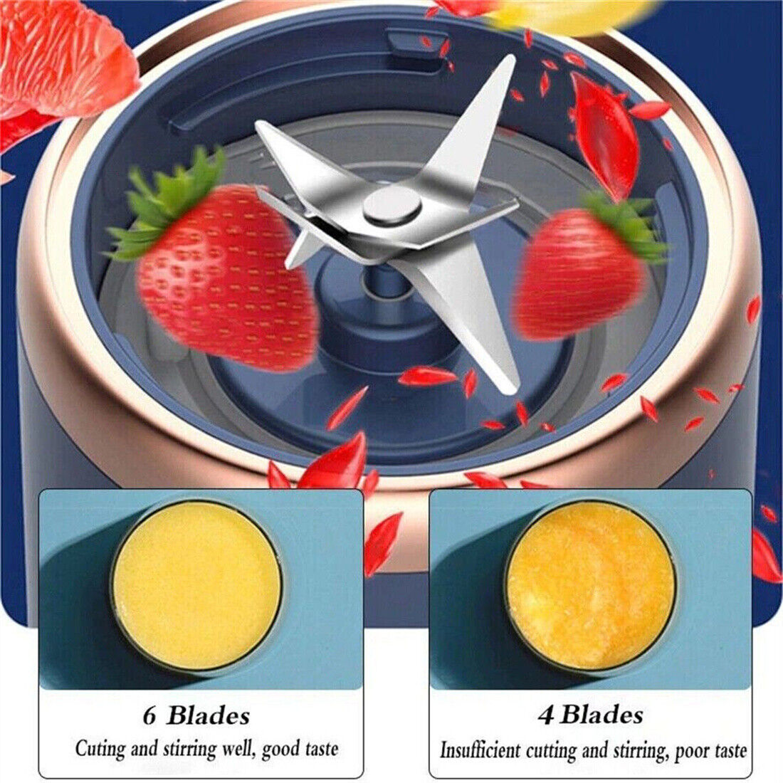 Blender with knife attachment surrounded by strawberries and a close-up of knife options.