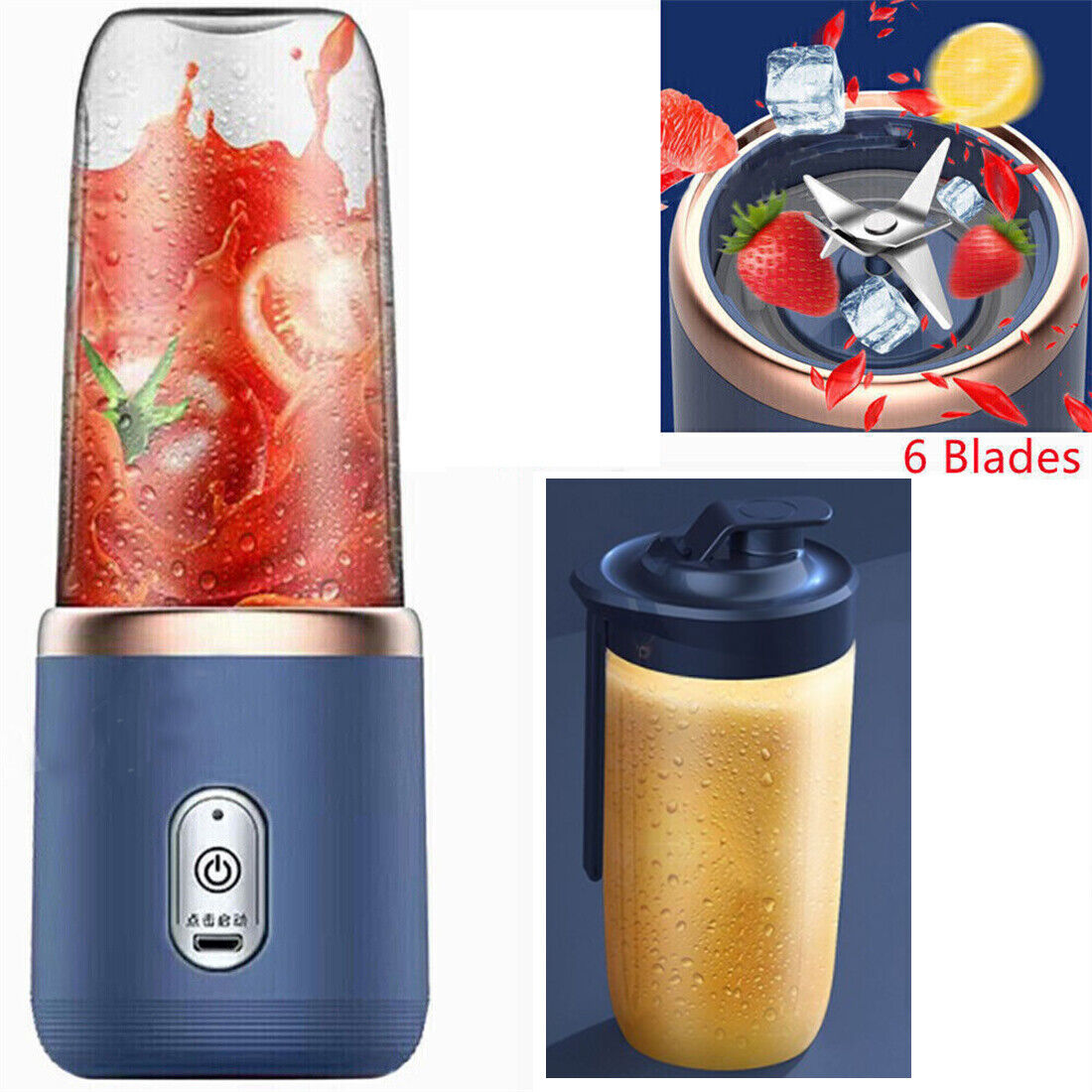 Portable blender with a smoothie, close-up of blades, and a blended drink.