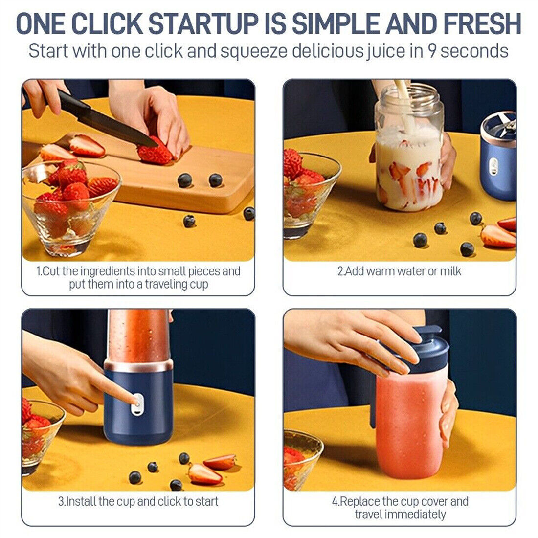 Step-by-step guide on using a portable juicer with ingredients and a finished smoothie.