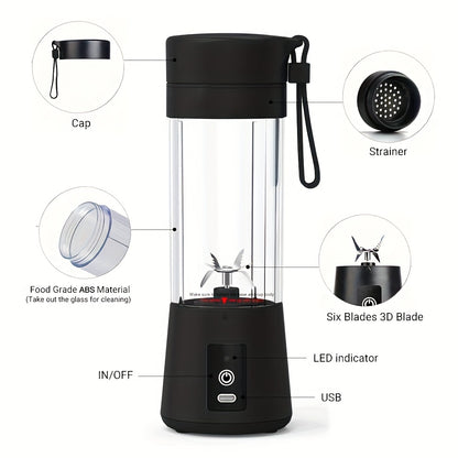 Black portable blender with labeled parts on a white background