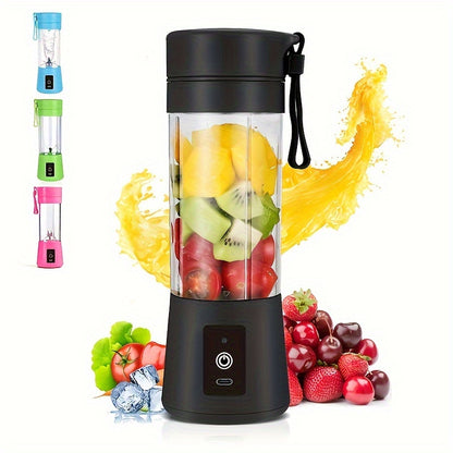 Black portable blender with fruits inside, surrounded by colorful splashes and additional fruits on a white background