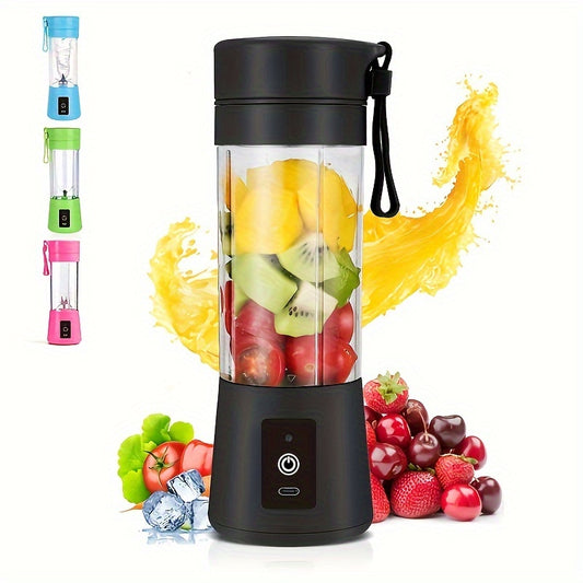Black portable blender with fruits inside, surrounded by colorful splashes and additional fruits on a white background