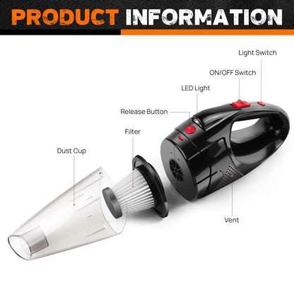 Handheld vacuum cleaner with labeled parts on a white background