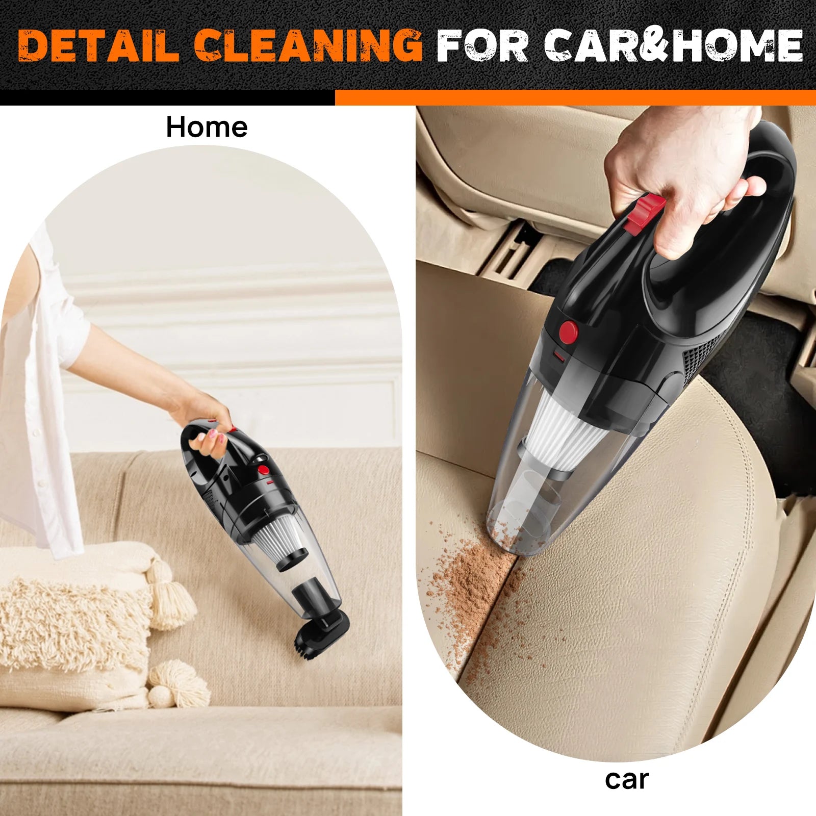 Handheld vacuum cleaner being used on a car seat and couch, with text 'Detail Cleaning for Car & Home'.