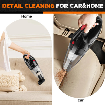 Handheld vacuum cleaner being used on a car seat and couch, with text 'Detail Cleaning for Car & Home'.