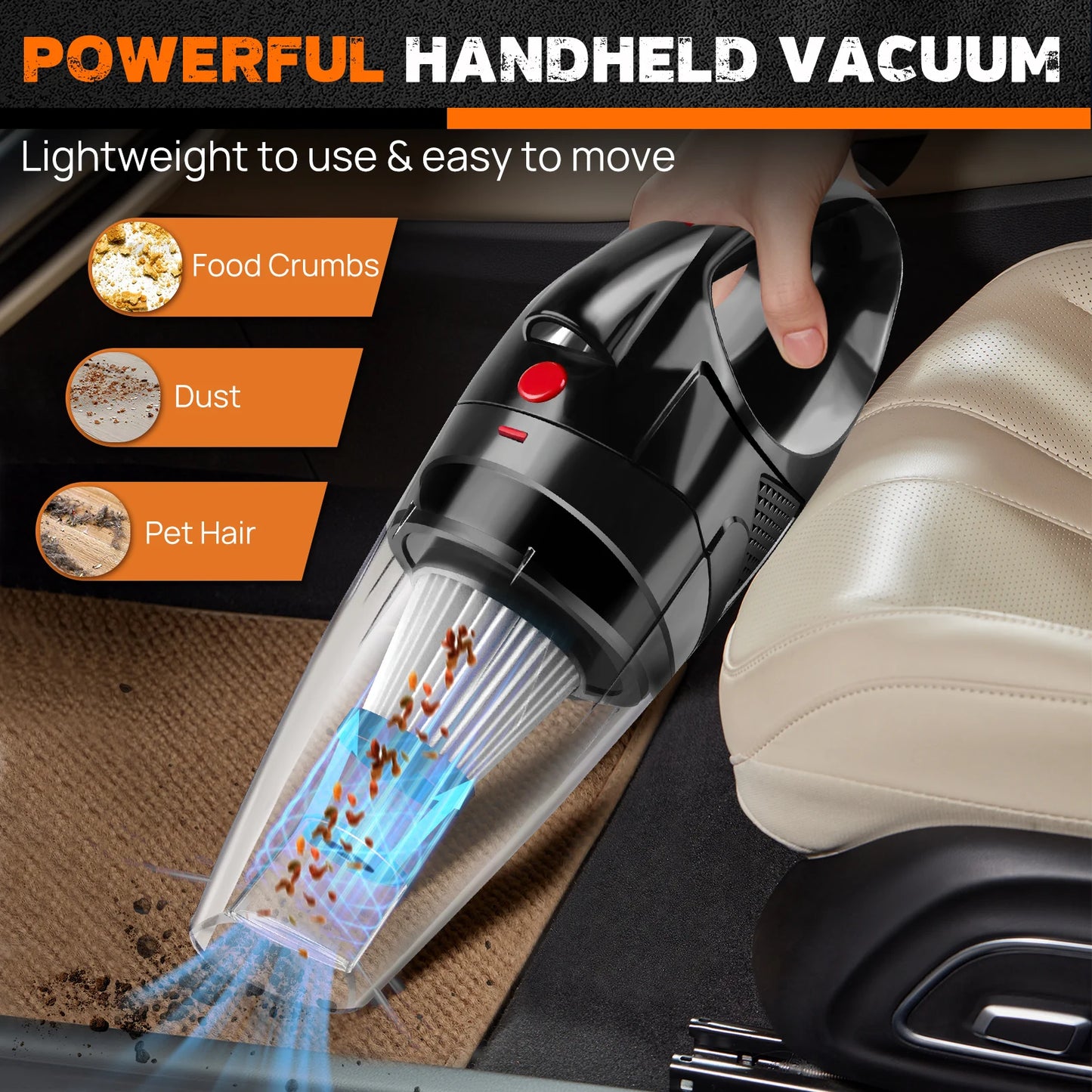 Handheld vacuum cleaning a car seat with text highlighting features and uses.