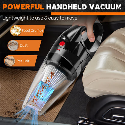 Handheld vacuum cleaning a car seat with text highlighting features and uses.